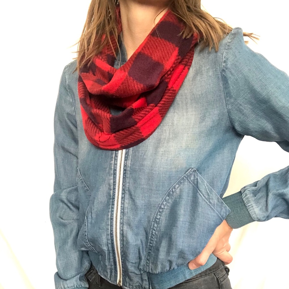 Buffalo check red and purple fleece infinity scarf